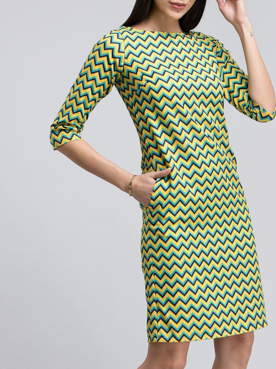 Boat Neck Chevron Shift Dress - Yellow ...